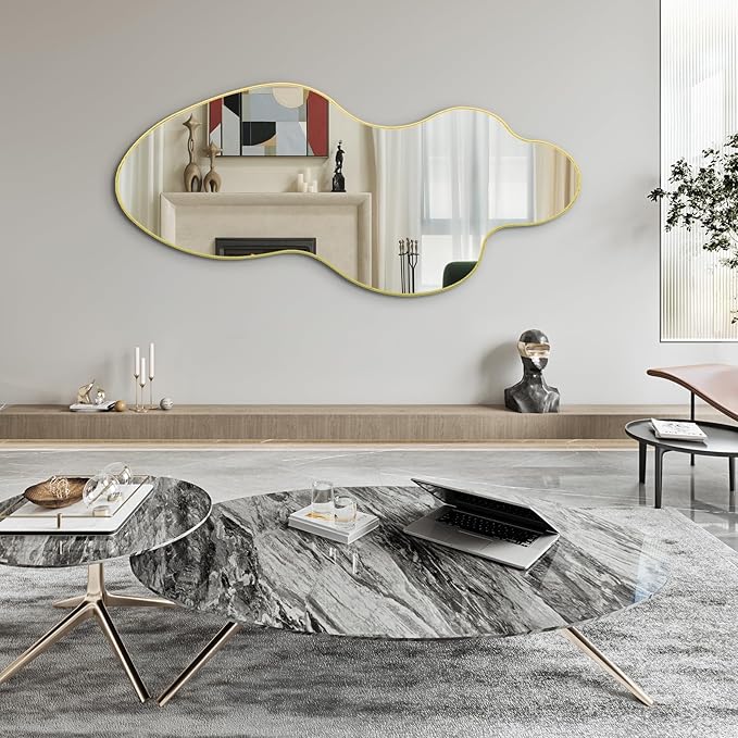 Irregular Mirror, 55"x26" Asymmetrical Wall Mirror with Gold Metal Frame, Large Abstract Mirrors Decorative, Modern Unique Shaped Mirrors for Living Room Bathroom Bedroom Hallway Entryway