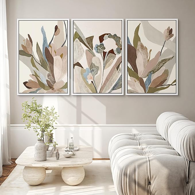 SIGNWIN Framed Canvas Print Wall Art Set Botanical Abstract Earthy Neutral Floral Illustrations Modern Art Decorative Boho Relax/Zen Nordic for Living Room, Bedroom, Office - 16"x24"x3 White