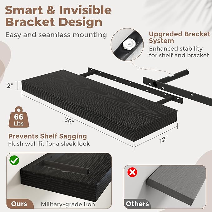 Marsmiles 12" Deep Floating Shelves for Wall with Invisible Brackets, Wall Mounted Engineered Wood Shelves with Wood Grain for Living Room, Bedroom, Kitchen Decor and Storage, 36" L Set of 1, Black