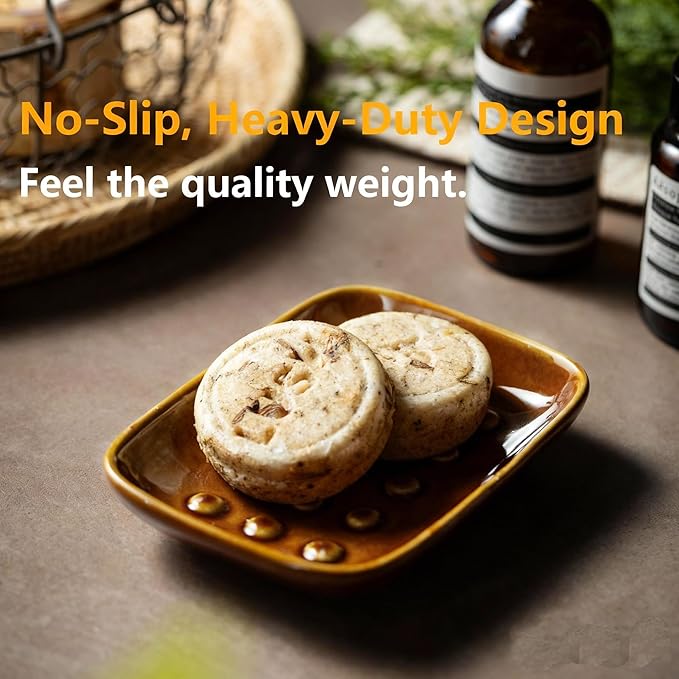 Soap Dish for Shower, Ceramic Soap Dish for Bar Soap Sponge, Soap Holder Saver Tray for Bath Kitchen Sink Bathtub, Farmhouse Decor, Raised Pattern - Keep Soap Dry, Dark Brown