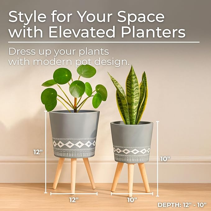 Set of 2 Resin Planters with Stands – Plant Stand Indoor Display, Outdoor Decor – Living Room Or Patio Placement – Mid–Century Style Plant Stand Home Decor – 12" & 10", Gray