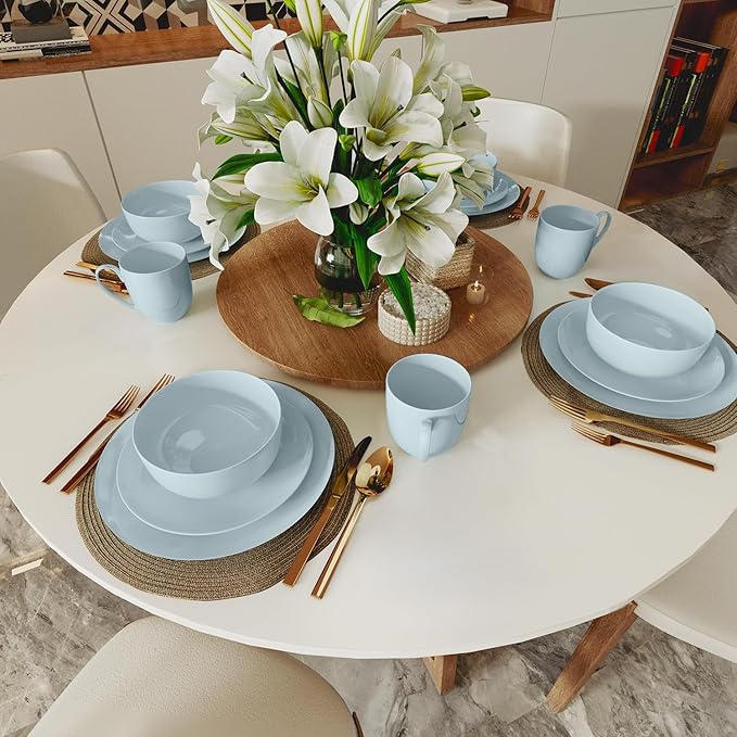 Yoshy 16-Piece Blue Bone China Dinnerware with Lightweight Durable Chip Resistant Design Service for 4