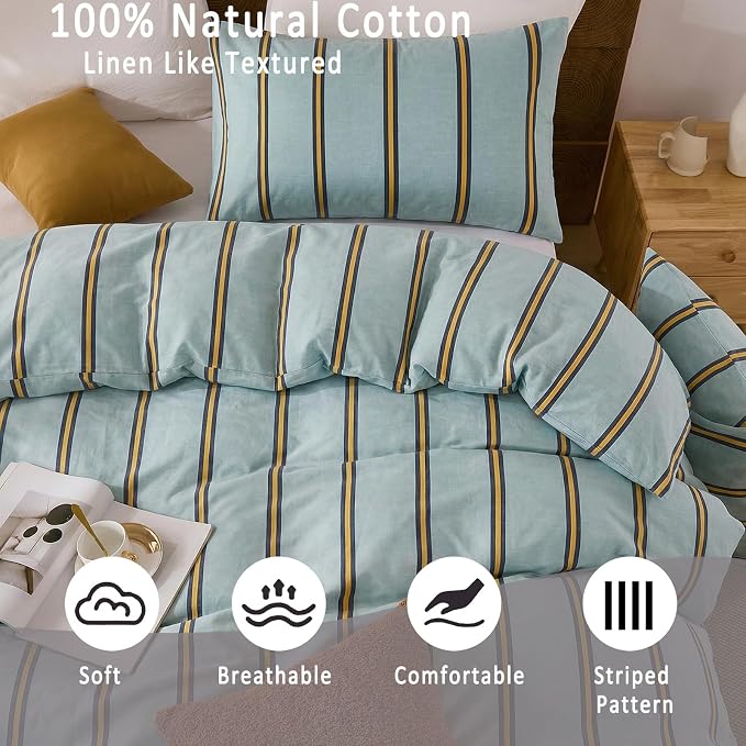 Merryword Green & Orange Striped Duvet Cover Set Queen Size, 100% Cotton Bedding Set with Zipper Closure & 8 Corner Ties, Luxury Linen Like Bedding, Soft Breathable Comforter Cover for All Seasons