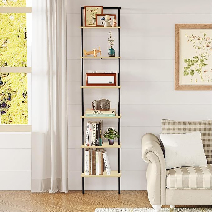 6-Tier Ladder Shelf, 77 Inches Wall Mounted Ladder Bookshelf with Metal Frame, Wood Tall Open Storage Rack and Display Shelves for Home Office Bedroom Living Room, Light Oak