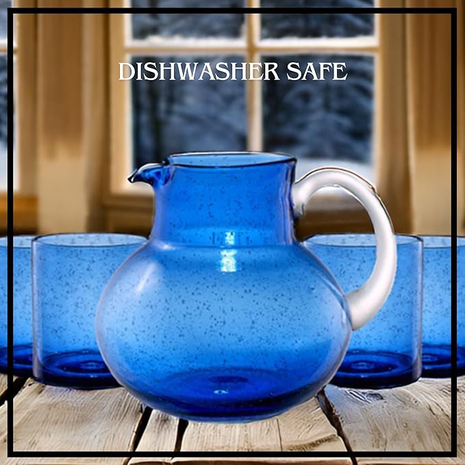 Artland Iris 90oz Handcrafted Pitcher & 14oz Double Old Fashion Glass (Set of 4) - Lead-Free Bubble Drinkware for Elegant Dining & Serving - Ideal for Water, Cocktails, Juice, Gatherings (Cobalt Blue)