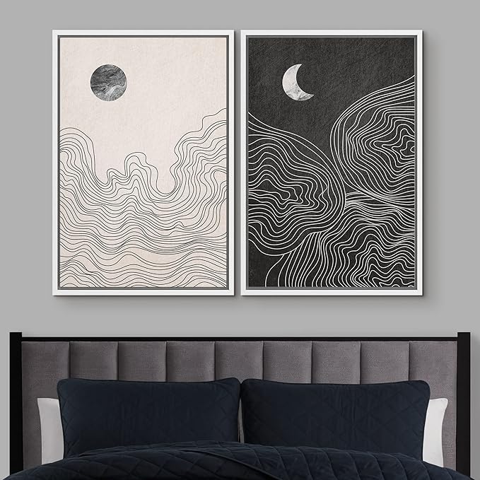 IDEA4WALL Framed Canvas Print Wall Art Set Watercolor Pastel Duotone Sun Moon Abstract Nature Illustrations Modern Art Chic Landscape Neon for Living Room, Bedroom, Office - 16"x24"x2 White