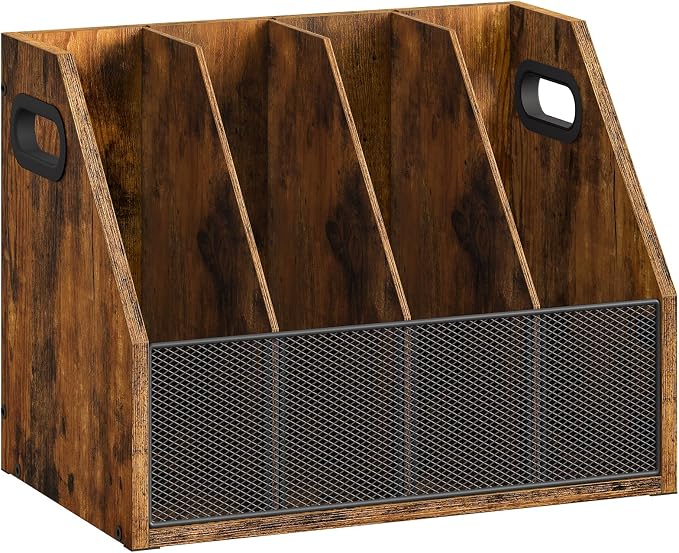 CHOEZON Wooden Desktop File Organizer with Removable Dividers, Mesh Front Panel for Paper, Mail, Magazine, Home Office Desk Storage, Easy Assembly, Rustic Brown MWJ06FG