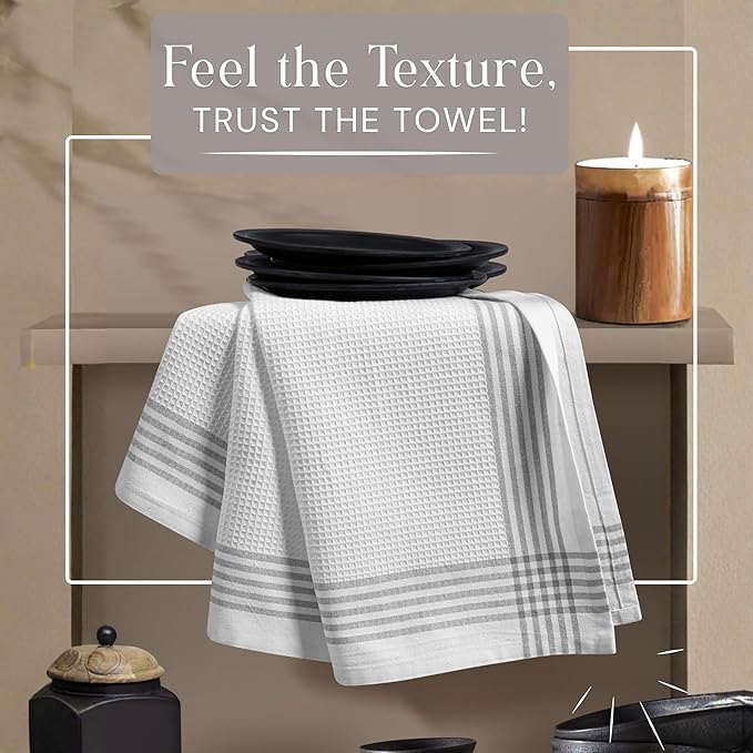 Waffle White & Grey Kitchen Towels 4 Pack, 100% Cotton, 16x26 inches, Quick Drying Dish Cloths, Absorbent Bar Mop Towels, Durable Kitchen Dishcloths Set for Daily Use