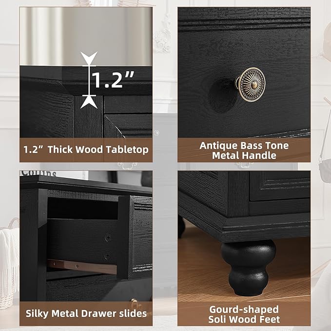 Farmhouse 6 Drawer Dresser Set of 2 for Bedroom, 42" Tall Rustic Chests of Drawers w/ 4 Solid Wood Feet, Mid Century Vintage Wooden Closet Storage Dressers Organizer for Living Room,Black