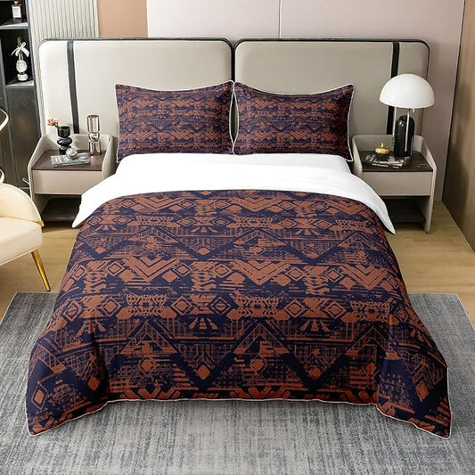 100% Natural Cotton Ikat Duvet Cover Full Ethnic Bedding Set Boho Exotic Tribal Abstract Geometric Stamp Comforter Cover Brown Aztec Room Decor Bohemian Quilt Cover for Man Woman Adult