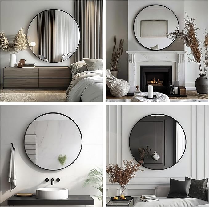 Sunniry Circle Mirror 26 inch, Black Round Mirror, Round Bathroom Mirrors Matte Metal Frame, Circle Mirrors for Living Room, Bathroom, Wall, Hallway.