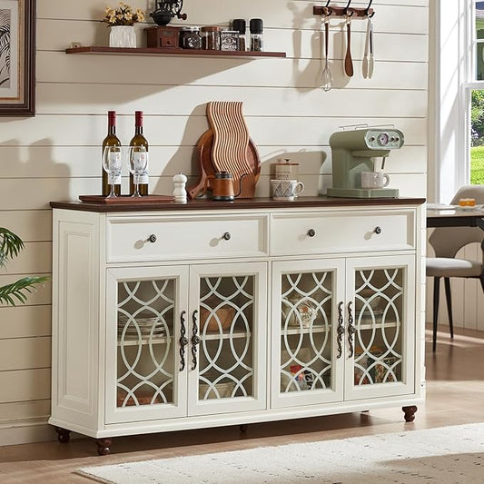 Farmhouse Sideboard Buffet Cabinet with Storage,59" Large Credenza with 4 Glass Doors & 2 Drawers, Wood Kitchen Coffee Bar, Adjustable Shelves Console Table for Dining Room,Living Room,White