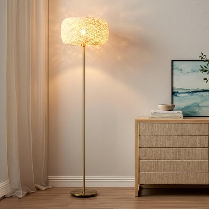 Brightech Rowan Elegant Floor Lamp – Modern Unique Thread Shade Matches Boho, and Mid-Century Décor – Free Standing LED Light for Living Rooms and Bedrooms – Tall Indoor Lamp Gets Compliments - Brass