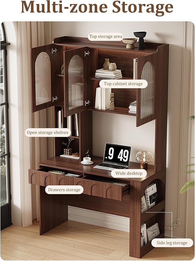 79" Mid-Century Desk, Multifunctional Computer Desk with Drawer and Glass Storage Cabinets, Reading Table, Office Desk, Bedroom Vanity Desk(100CM, B)