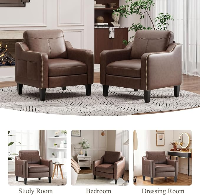 MALOL PU Leather Accent Chair, Mid-Century Modern Living Room Armchair Sofa with Removable Cushions, Solid Wood Frame & Stitched Armrest Design, Bedroom Chair with Plastic Legs, Chocolate Brown