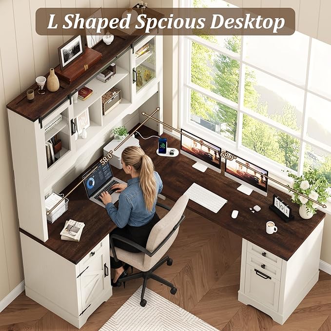Squireewo 68.9'' Farmhouse L Shaped Desk with Hutch and Drawers, 76" High Wood Executive Home Office Desk with Charging Station, File Drawer and Cabinet, Computer Corner Desk with Sliding Doors, White
