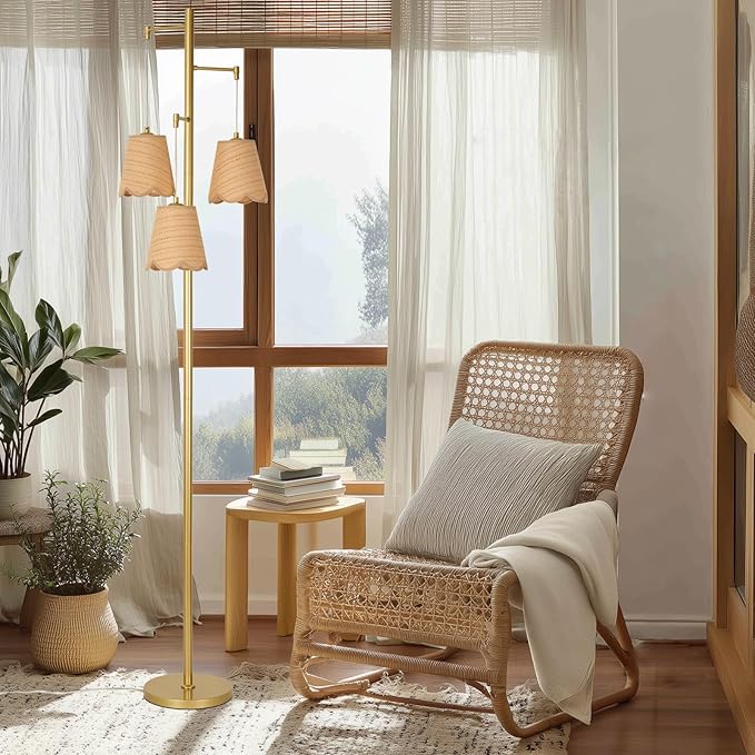 Boho Rattan Floor Lamp, 3-Lights Tree Tall Standing Lamp with Flower Shades Antique Brass Brush Paint Finish for Dining Room, Living Room, Bedroom