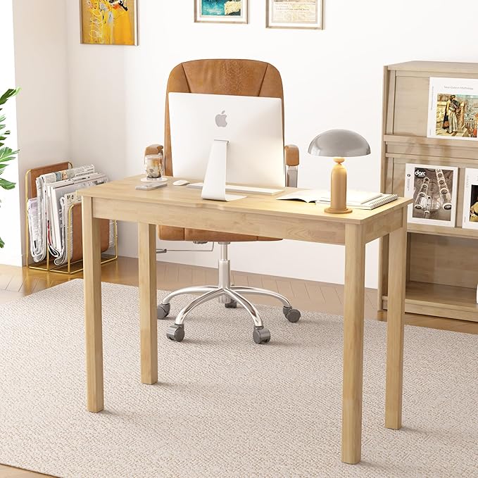 Solid Wood Desk with Drawers - 39 x 16 Inch Boho Narrow Desks, Mid Century Modern Desks, Rubber Wood Study Table, Small Writing Desk for Bedroom|Small Spaces, Natural