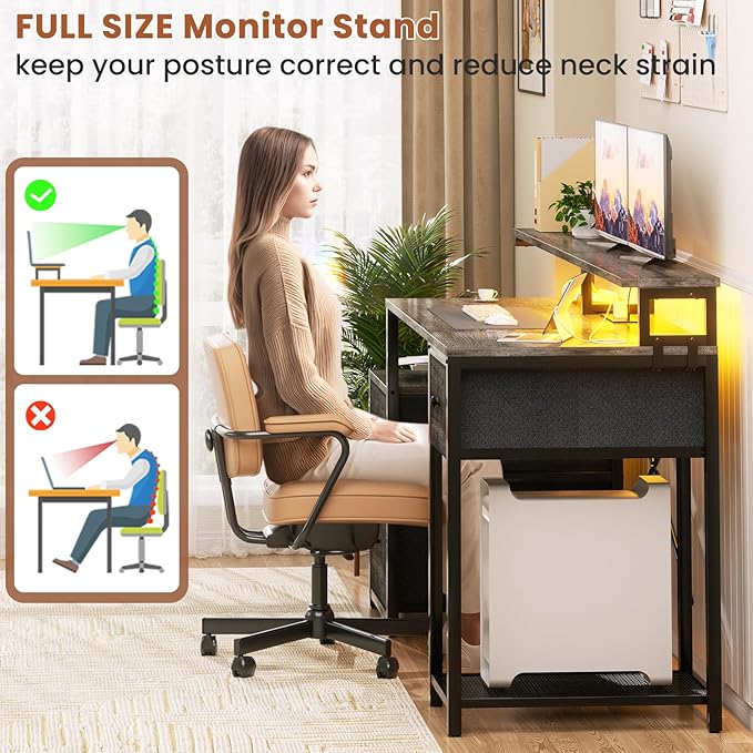 Aheaplus Computer Desk with 3 Drawers, Home Office Desk with File Drawer & Power Outlet, 59'' Gaming Desk with Led Lights, Work Desk with Storage Shelves, Printer Cabinet and Monitor Shelf, Grey Oak
