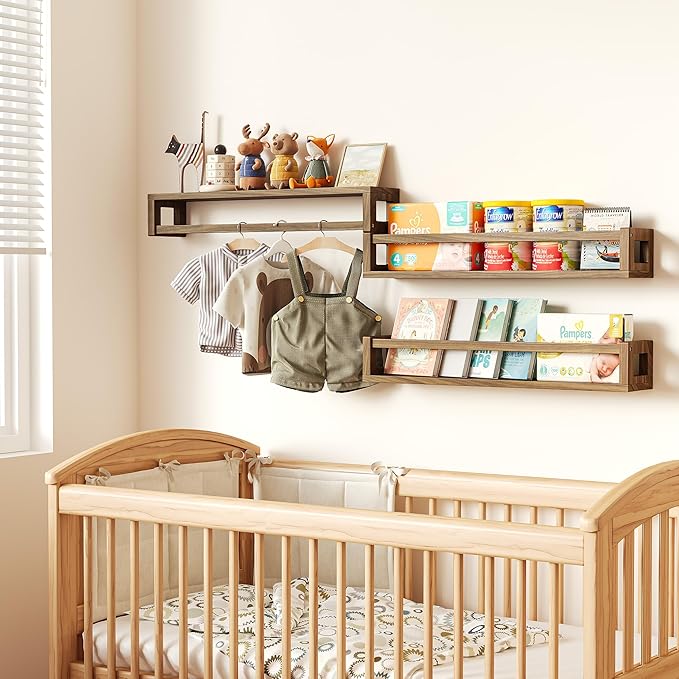 Upgraded Thick Floating Shelves - 24 Inch Multi-Use Wall-Mounted Bookshelves for Kids and Nursery, Ideal for Books, Toy, Spice Rack, Decor - Walnut Brown