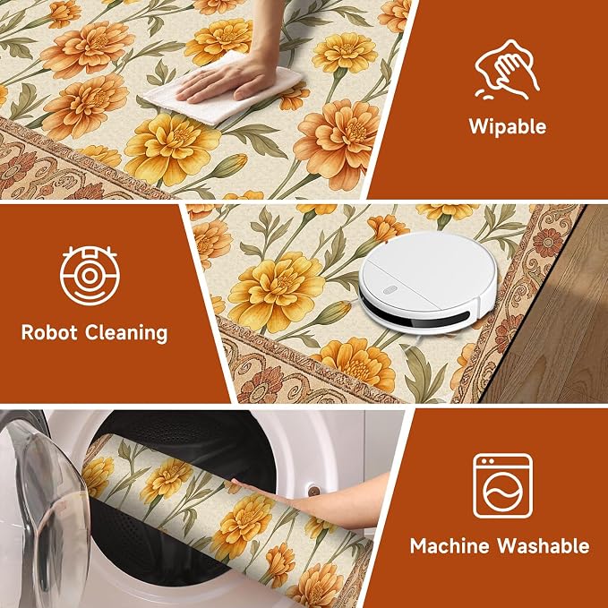 Marigold Floral Area Rug Vintage Boho Rug Bordered Non-Slip Washable Floor Mat for Bedroom Living Room Nursery Kitchen Playroom Home Decor,6'x9'