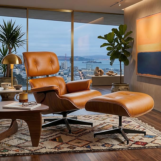 Mid Century Chaise Lounge Chair with Ottoman, Top Black Grain Leather, Modern Office Chair Classic Design, Heavy Duty Base Support for Living Room Study Lounge Office