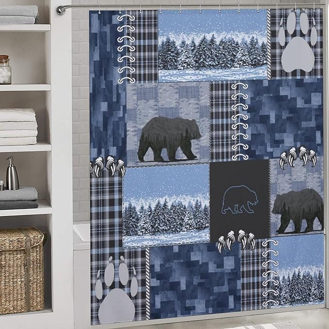 Vintage Rustic Bear Cabin Shower Curtain Board Country Retro Wild Animal Snow Farmhouse Lodge Waterproof Shower Curtains for Bathroom Decor 12 Pack Hooks 72x72in (183x183cm)