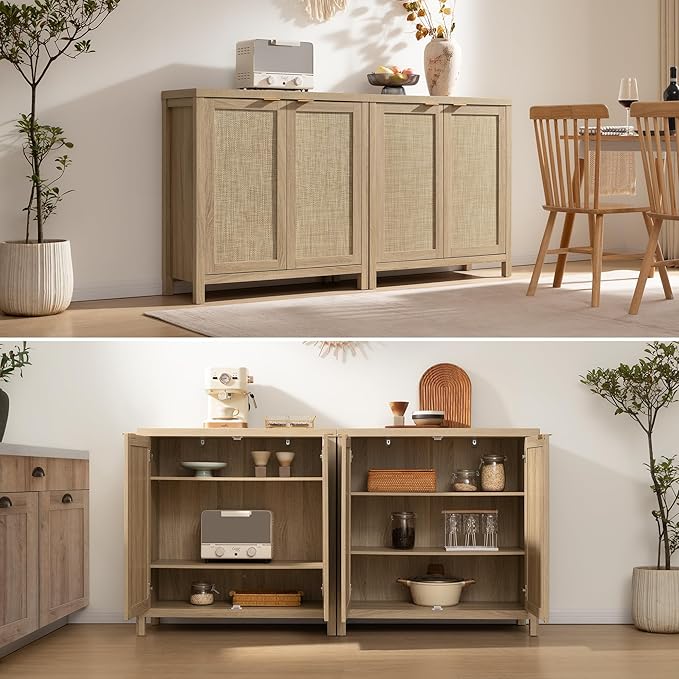 SICOTAS Rattan Sideboard Buffet Cabinet with Large Storage : Boho Credenza Coffee Bar Cabinet with Adjustable Shelves, Farmhouse Console Table for Kitchen, Living Room, Entryway, Natural, 2 Pieces