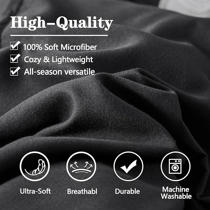 Yogeneg Queen Comforter Set 7 Piece Bed in a Bag,Grid Pinch Pleat Black Bedding Set,Striped Textured Soft Microfiber Comforter with Sheet Set,All Season Complete Bed Set(Black,Queen)