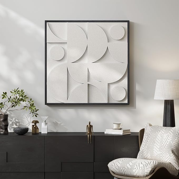 Large 3D Textured Framed White Abstract Wall Art for Living Room, Modern Geometric Sandstone Texture Paintings Artwork for Walls, White Minimalist Pictures for Bedroom Hallway Wall Decor 30x30 In