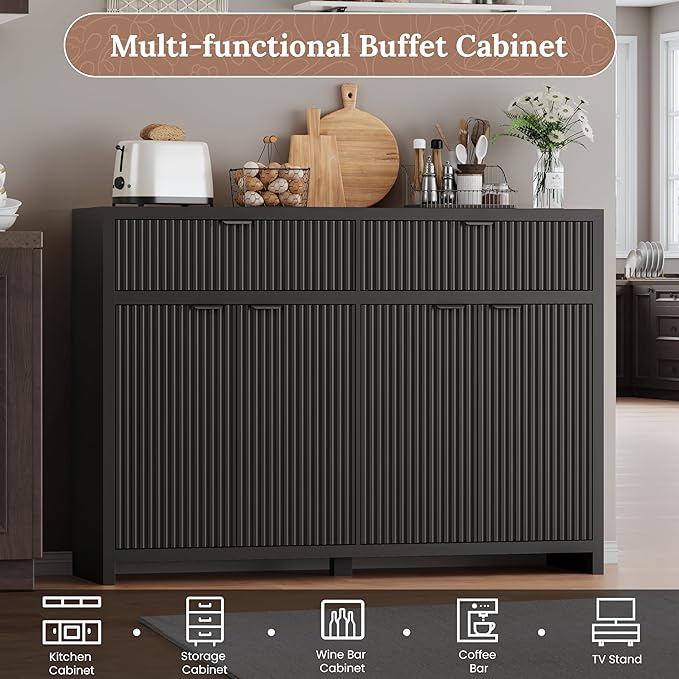 55" W Fluted Buffet Cabinet with Storage Accent Sideboard with 2 Drawers & 4 Doors,Wood Media Console Coffee Bar Table with Adjustable Shelves for Living Room,Kitchen and Dining Room
