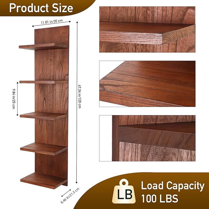 5 Tier Wall Shelf Unit,Vertical Column Shelf Floating Storage Home Decor Organizer,Display Floating Shelf for Bedroom, Living Room,Vanity -2 Pcs(Walnut)