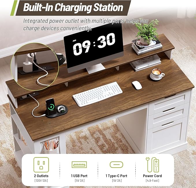 55-inch Farmhouse Executive Desk with 2 Drawers and File Cabinet, Computer Desk with 3-Tier Storage Shelves, Home Office Desk with Charging Station, Pegboard & Monitor Shelf, White and Walnut
