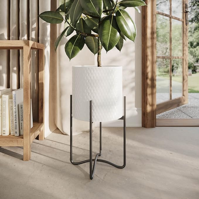 EverNest Claire Mid-Century Modern White Plant Pot with Ambrose Stand, SelectBase, Indoor Plant Pot, Bohemian Style, Minimalist Plant Home Décor (Medium, Black)