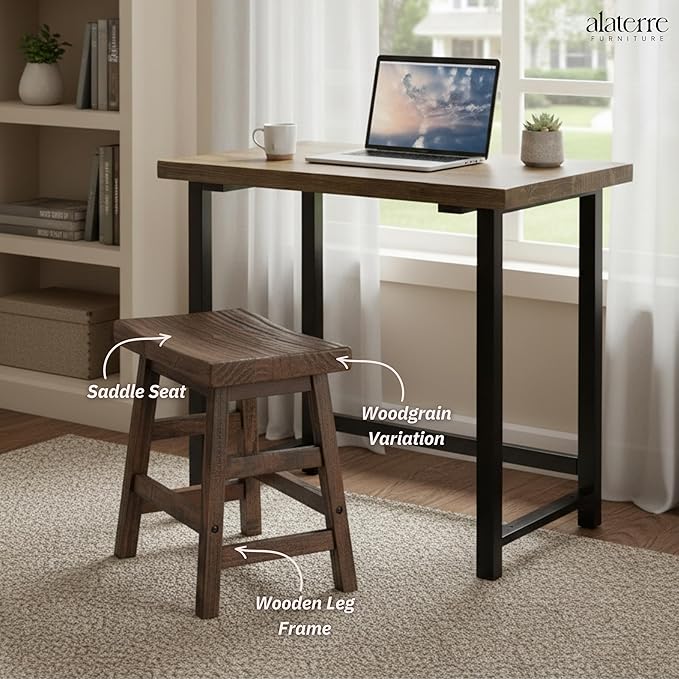 Alaterre Furniture Pomona 20-Inch Counter Height Saddle Seat Barstool – Solid Wood, Backless Rustic Farmhouse Stool in Natural Finish for Kitchen Island or Dining Room (Natural)