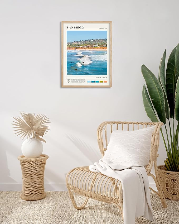 HesenDot Natural OAK Wood San Diego Surfing Framed Wall Art,12x16in Natural Seascape Canvas Wall Print,Classic Urban Landmark Wall Decor for Living Room,Bedroom,Office Gallery Gifts Set of 1