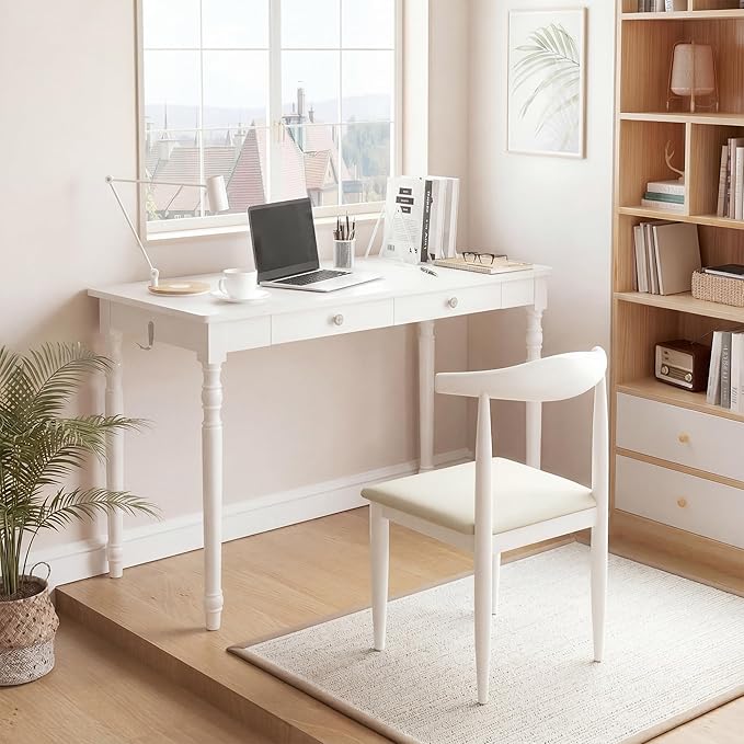 Mid Century Modern Desk, 47" White Solid Wood Desk with 2 Drawers, Wooden Writing Desk Computer Table for Home, Office, Bedroom, Living Room