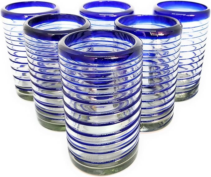 Cobalt Blue Spiral 120 oz Pitcher and 6 Drinking Glasses set, Recycled Glass, Lead-free, Toxin-Free (Pitcher & Glasses)