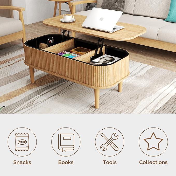 Fluted Lift Top Coffee Table with Hidden Storage, Oval Coffee Table with Lifting Top, Mid Century Modern Design for Living Room, Office & Small Spaces(Natural)