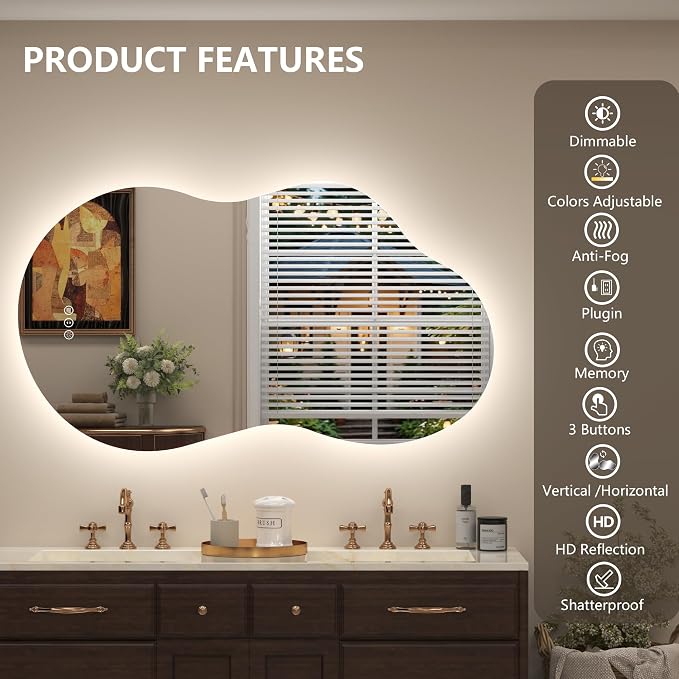 48x26 Inch Irregular LED Backlit Bathroom Mirror, Asymmetrical Cloud Led Lighted Vanity Mirror for Wall, Anit-Fog, Dimmable, Memory, Shatterproof (Horizontal/Vertical)