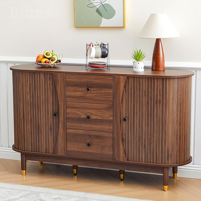 55inch Sideboard Buffet Cabinet with Drawer,Oval Curved Sideboard with Tambour Sliding Door,Walnut Buffet Storage Cabinet for Dining Room Living Room Entryway