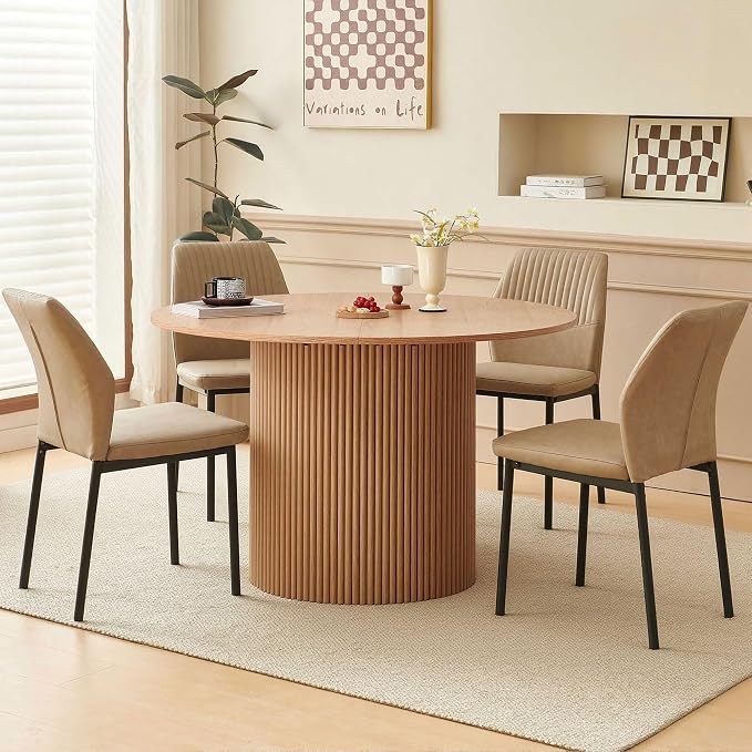 Dining Table Set for 4, 47" Wooden Round Kitchen Table with PU Leather Chairs for Kitchen Room and Small Spaces(Oak Table + 4 Beige Chairs)