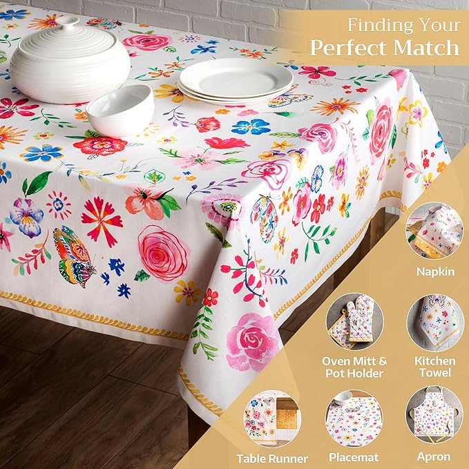 Maison d' Hermine Table Cloth Square Table 100% Cotton 60 x 60 Inches Tablecloth Reusable Decorative for Dining Room Farmhouse Home Valentines Day Decorations Spring Summer - Happy Florals - Sweety
