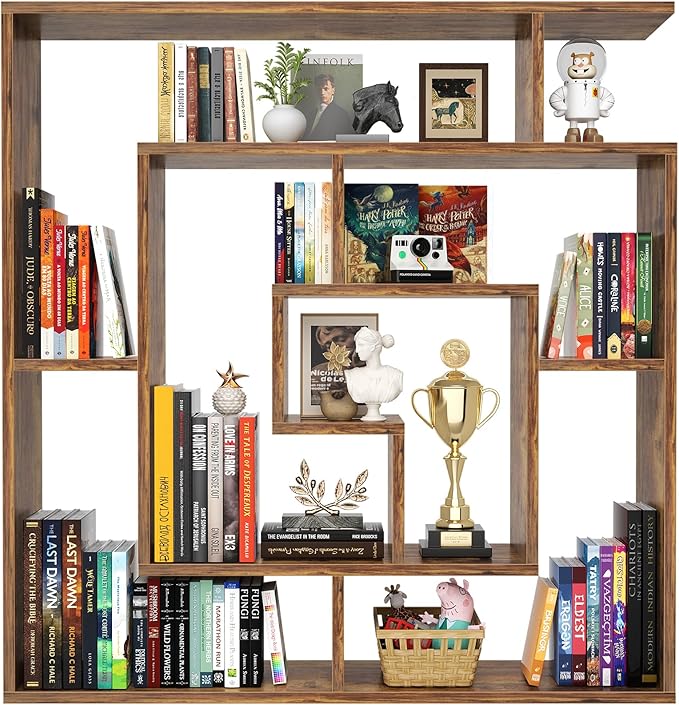 Armocity 6 Tier Display Book Shelf Wall Mounted Bookshelf Freestanding Geometric Bookcase Floating Book Shelves for Wall Bedroom Living Room Home Office, 45.5"(W) * 47"(H), Rustic Brown