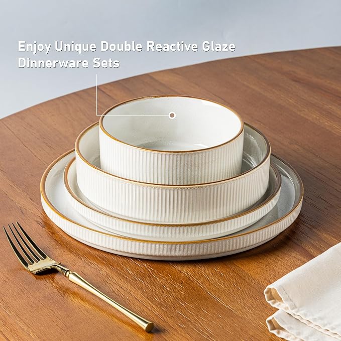 GBHOME 18-Piece Stoneware Dinnerware Set for 6 – Ribbed Ceramic Plates and Bowls, Scratch-Resistant, Microwave & Dishwasher Safe, Reactive Glaze, White with Honey-Brown Edge