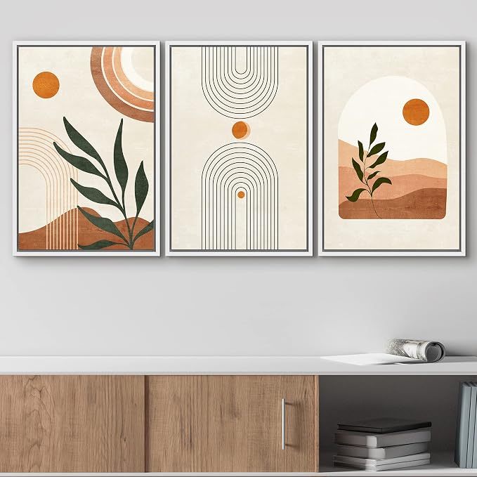 wall26 Framed Canvas Print Wall Art Set Boho Mid-Century Geometric Desert Plant Sun Nature Abstract Illustrations Modern Art Bohemian Decorative for Living Room, Bedroom, Office - 16"x24"x3 White
