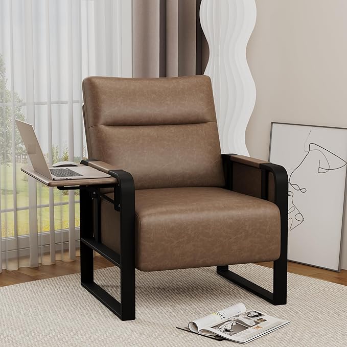 Alunaune Upholstered Living Room Chair Armchair, Mid Century Faux Leather Metal Accent Chair, Reception Couch Office Guest Chair Slipper Club Lounge Single Sofa with Sidetable for Bedroom-Brown