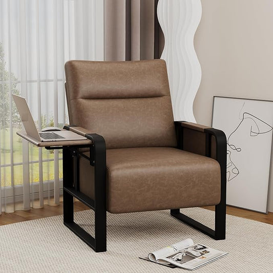Alunaune Upholstered Living Room Chair Armchair, Mid Century Faux Leather Metal Accent Chair, Reception Couch Office Guest Chair Slipper Club Lounge Single Sofa with Sidetable for Bedroom-Brown