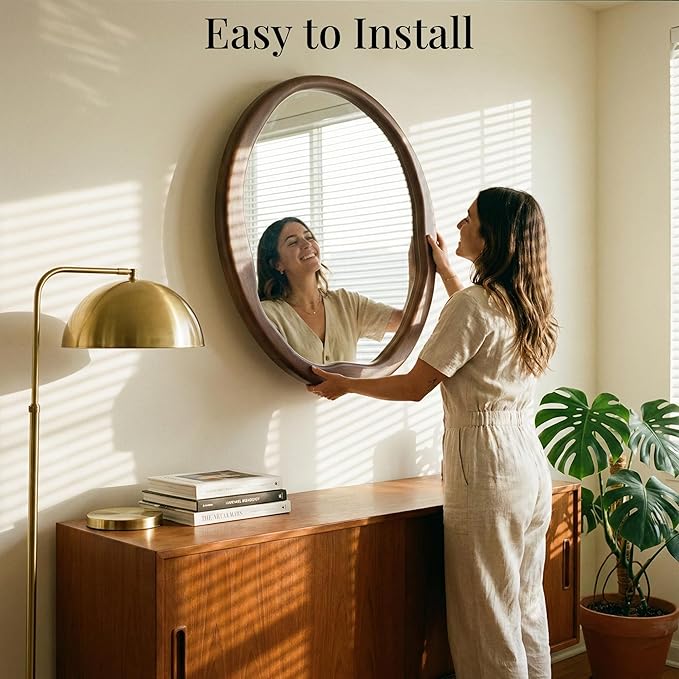 Round Dark Wood Mirror 24 Inch, Irregular Wavy Inner Frame Wall Mirror for Powder Room, Guest Bath, Solid Wood Asymmetrical Modern Decor