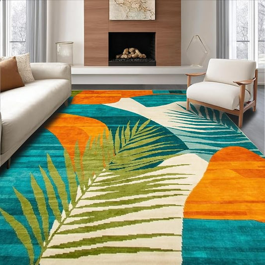 Flatwoven High Traffic Area Rug 6x9, Colorful Abstract Tropical Rug, Non Slip, Stain Resistant, Washable Area Rugs for Living Room, Bedroom (Turquoise, 6x9)